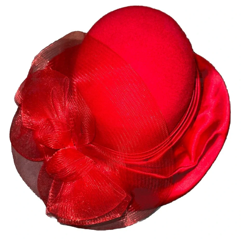 Bowler Hat Wool Ruched Satin Mesh Bow Elegant Kentucky Derby Church - Picture 1 of 9